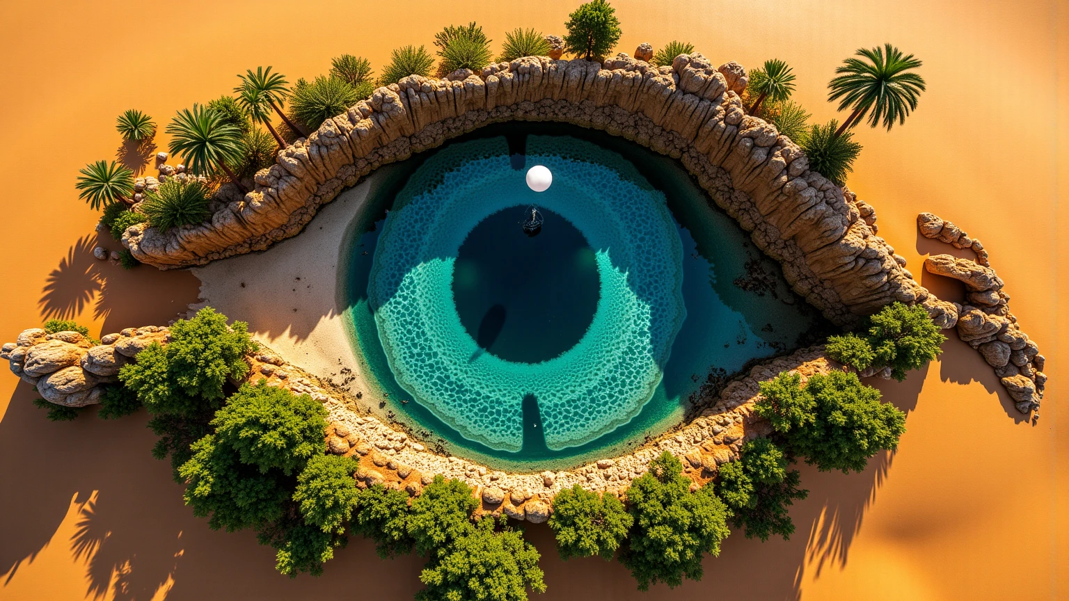 A stunning aerial view of an oasis in the heart of the Sahara Desert, captured from a perfect 90° top-down perspective, resembling a dragon’s eye. The central water body forms the eye, encircled by rugged cliffs and rock formations that mimic the intricate patterns of dragon scales. Lush green trees spread outward like the creature’s fur, blending with the sandy landscape. The contrast between the deep blue water, the golden desert, and the vibrant greenery creates a mesmerizing, mythical appearance.