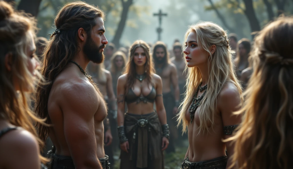 Viking men just after savage fight long hair and wounds thin but muscular build with a beautiful viking woman in the background all wearing animal hides 