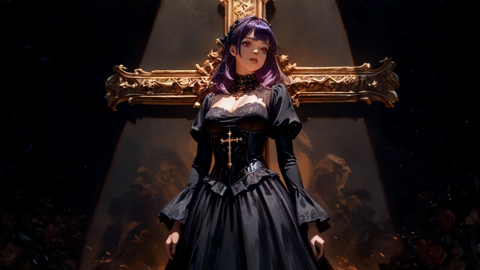 A completely dark female in purple dress with lips sewn shut with no eyes above a mysterious pagan Gothic altar