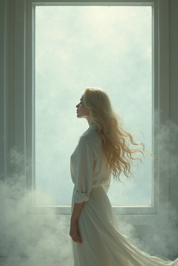 Draw a long-haired blonde in a white shirt standing by a giveaway with a large window and a thick fog outside the window