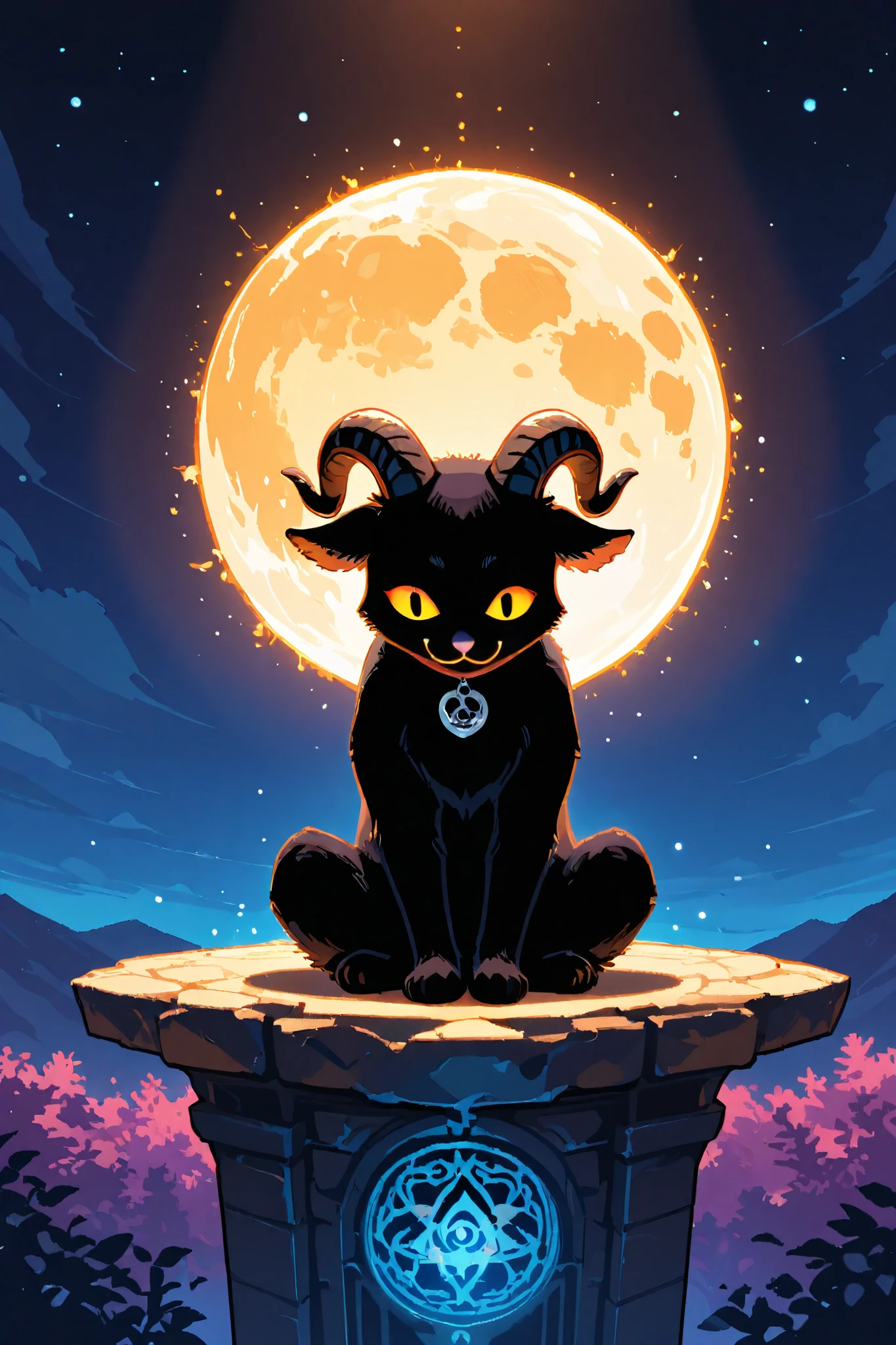 a cute cat pixel art style. black cat with horns like baphomet, sitting like baphomet. with a cute smile on your face