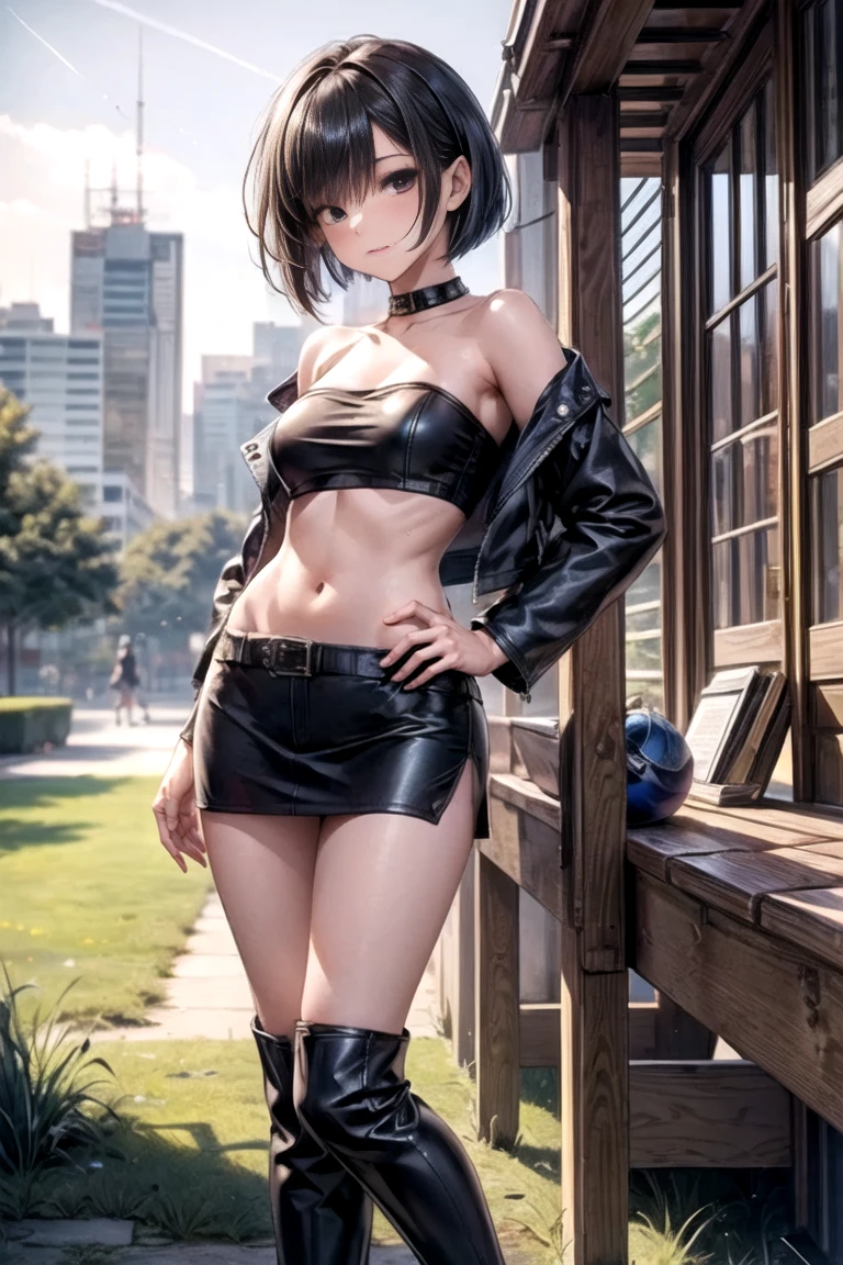 (((Wearing Black Leather Jacket:1.5, Wearing Black Leather shorts:1.1, Wearing Slightly open sheer shirt:1.1, Black knee-length pantyhose:1.1))), highly detailed, Nier Automata character 2b Face, (((silver short hairstyle))), Asymmetrical bangs, ((blindfold, black blindfold:1.2)), very beautiful face:1.2, Big Ass, Slightly slim woman, posing like a model, breathtaking beauty, Beautiful and graceful features, dark color sexy lingerie, (((Blue sky Background:1.1))), glowing skin, ((rainbow appears:1.2)), dreamy and fantastical atmosphere, (((beautiful flowers))), Art with precise detail, Futuristic, (moist pink lips), perfect proportions, thigh gap, natural side lighting, Highly detailed CG, Realistic texture, ((masterpiece:1.1, best quality, digital imaging, high resolution photography)), ((solo portrait))