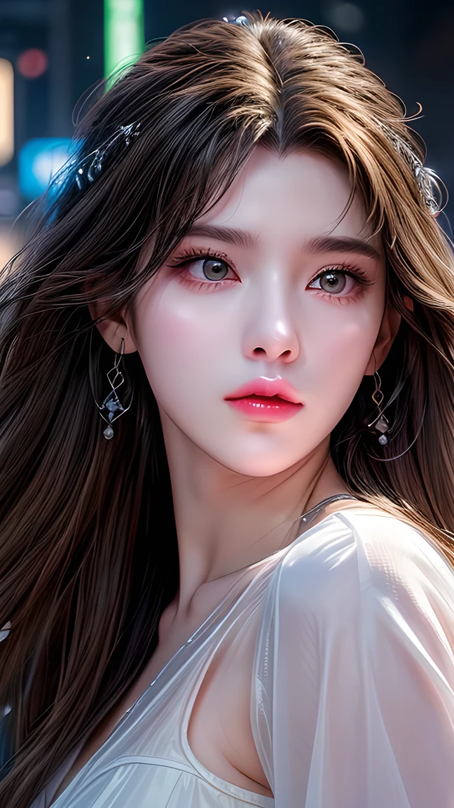 picture of a 25-year-old European woman posing, born, beautiful woman, (extra long wavy brown hair), ((portrait)), ((Familiar face:1.2)), ((Familiar facial features)), (finely Familiar skin), White Skin, ( White Skirt ), cyberpunk urban environment, (Cool colors), Wet, Wet, reflection masterpiece ) (perfect proportions)( real photo )( of the highest quality) (Familiar) , high res, ( 8,000) (wallpaper) (movie lighting) ( Dramatic Lighting ) ( sharp focus) (complex)、(((close up)))