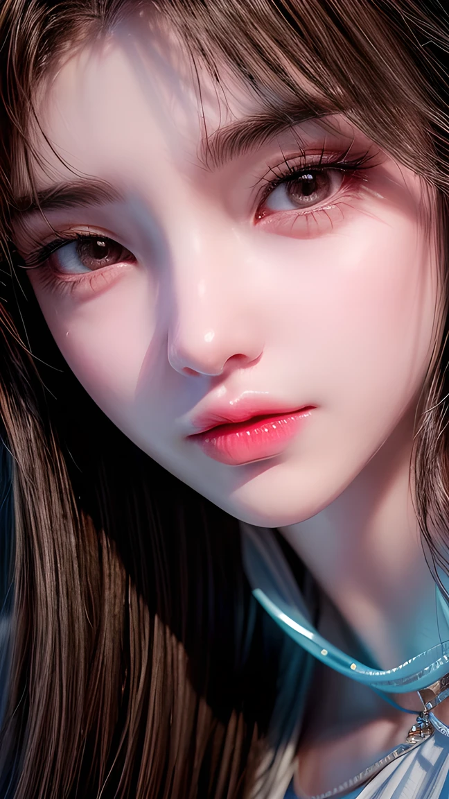 picture of a 25-year-old European woman posing, born, beautiful woman, (extra long wavy brown hair), ((portrait)), ((Familiar face:1.2)), ((Familiar facial features)), (finely Familiar skin), White Skin, ( White Skirt ), cyberpunk urban environment, (Cool colors), Wet, Wet, reflection masterpiece ) (perfect proportions)( real photo )( of the highest quality) (Familiar) , high res, ( 8,000) (wallpaper) (movie lighting) ( Dramatic Lighting ) ( sharp focus) (complex)、(((close up)))