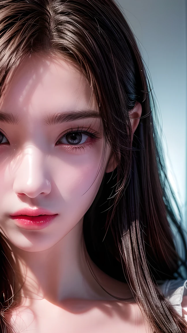 picture of a 25-year-old European woman posing, born, beautiful woman, (extra long wavy brown hair), ((portrait)), ((Familiar face:1.2)), ((Familiar facial features)), (finely Familiar skin), White Skin, ( White Skirt ), cyberpunk urban environment, (Cool colors), Wet, Wet, reflection masterpiece ) (perfect proportions)( real photo )( of the highest quality) (Familiar) , high res, ( 8,000) (wallpaper) (movie lighting) ( Dramatic Lighting ) ( sharp focus) (complex)、(((close up)))