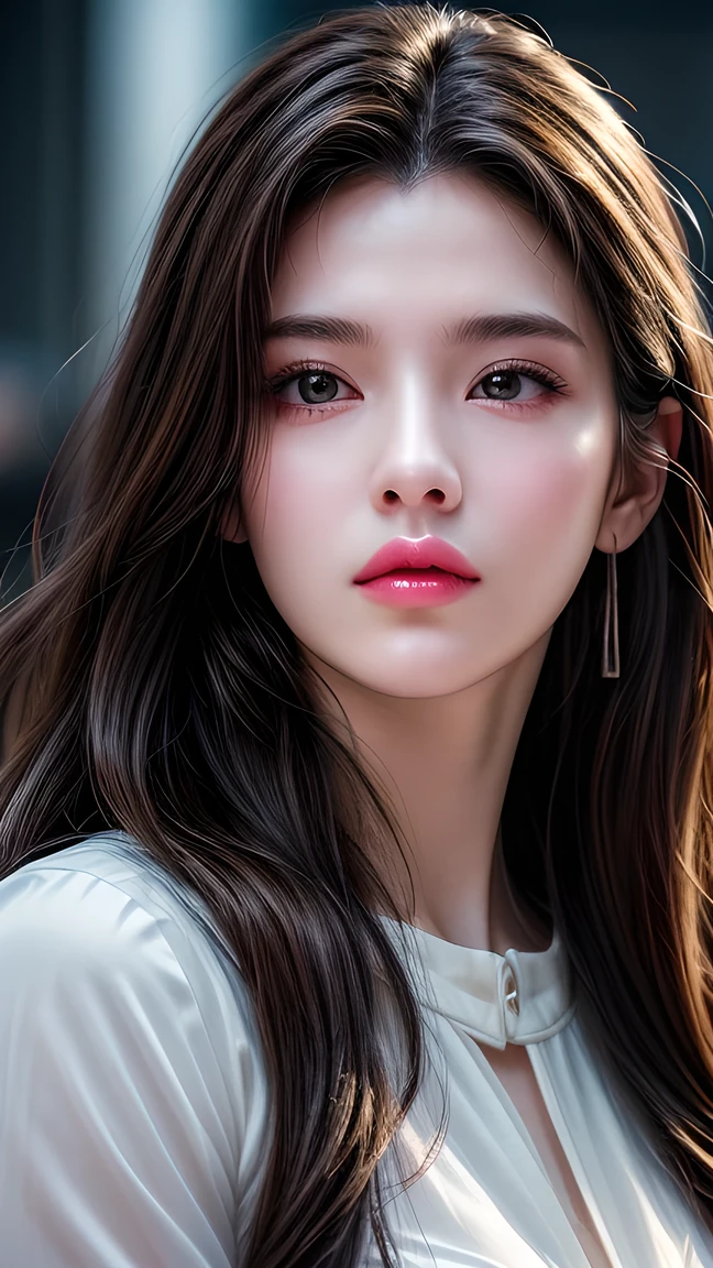 picture of a 25-year-old European woman posing, born, beautiful woman, (extra long wavy brown hair), ((portrait)), ((Familiar face:1.2)), ((Familiar facial features)), (finely Familiar skin), White Skin, ( White Skirt ), cyberpunk urban environment, (Cool colors), Wet, Wet, reflection masterpiece ) (perfect proportions)( real photo )( of the highest quality) (Familiar) , high res, ( 8,000) (wallpaper) (movie lighting) ( Dramatic Lighting ) ( sharp focus) (complex)、(((close up)))