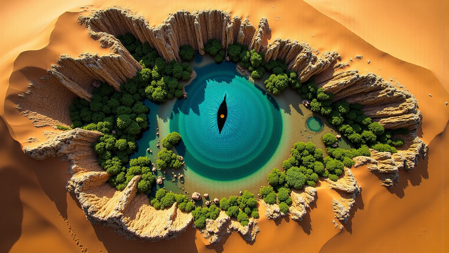A stunning aerial view of an oasis in the heart of the Sahara Desert, captured from a perfect 90° top-down perspective, resembling a dragon’s eye. The central water body forms the eye, encircled by rugged cliffs and rock formations that mimic the intricate patterns of dragon scales. Lush green trees spread outward like the creature’s fur, blending with the sandy landscape. The contrast between the deep blue water, the golden desert, and the vibrant greenery creates a mesmerizing, mythical appearance.