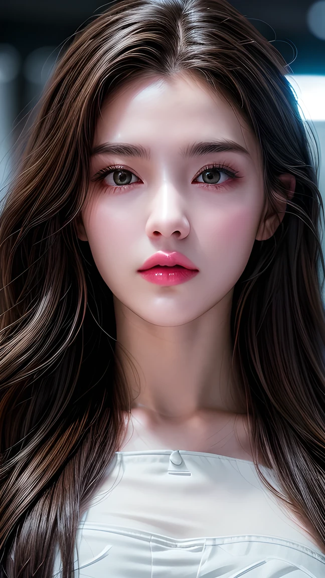 picture of a 25-year-old European woman posing, born, beautiful woman, (extra long wavy brown hair), ((portrait)), ((Familiar face:1.2)), ((Familiar facial features)), (finely Familiar skin), White Skin, ( White Skirt ), cyberpunk urban environment, (Cool colors), Wet, Wet, reflection masterpiece ) (perfect proportions)( real photo )( of the highest quality) (Familiar) , high res, ( 8,000) (wallpaper) (movie lighting) ( Dramatic Lighting ) ( sharp focus) (complex)、(((close up)))
