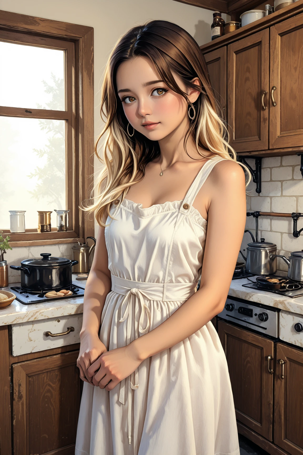 masterpiece、8K、32K、top-quality、(A detailed eye)、(A cute Japanese woman、bangss)、23years old、1 girl in、elegent、(Detailed background depiction、portlate:1.smile、(Prairie blouse、White Apron:1.3)、(kitchin、by the window:1.3)、is standing、(Cooking、whipped cream、Put your index finger to your lips:1.5)、beauty legs