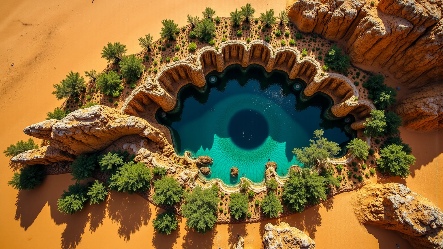 A stunning aerial view of an oasis in the heart of the Sahara Desert, captured from a perfect 90° top-down perspective, resembling a dragon’s eye. The central water body forms the eye, encircled by rugged cliffs and rock formations that mimic the intricate patterns of dragon scales. Lush green trees spread outward like the creature’s fur, blending with the sandy landscape. The contrast between the deep blue water, the golden desert, and the vibrant greenery creates a mesmerizing, mythical appearance.