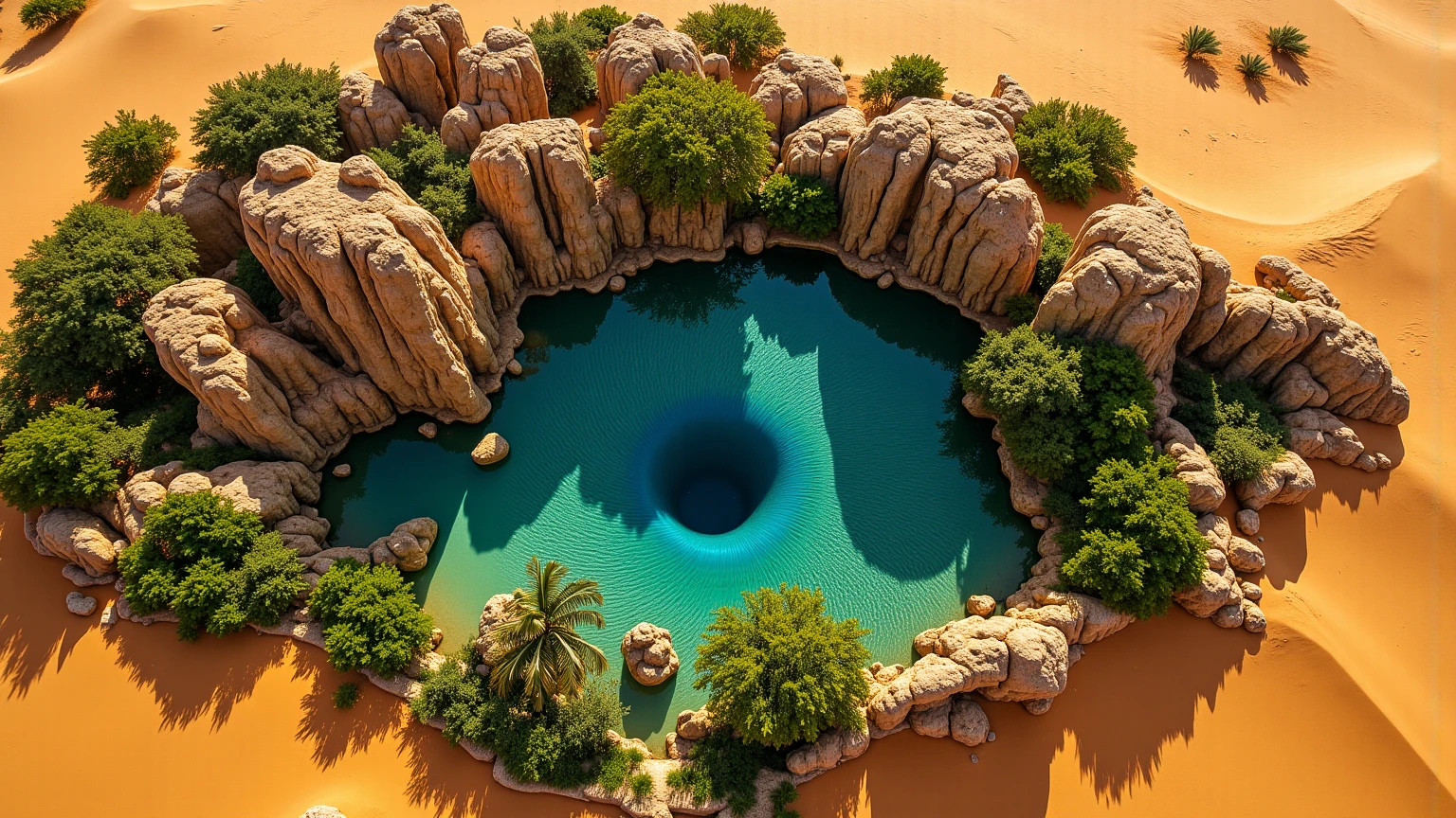 A stunning aerial view of an oasis in the heart of the Sahara Desert, captured from a perfect 90° top-down perspective, resembling a dragon’s eye. The central water body forms the eye, encircled by rugged cliffs and rock formations that mimic the intricate patterns of dragon scales. Lush green trees spread outward like the creature’s fur, blending with the sandy landscape. The contrast between the deep blue water, the golden desert, and the vibrant greenery creates a mesmerizing, mythical appearance.