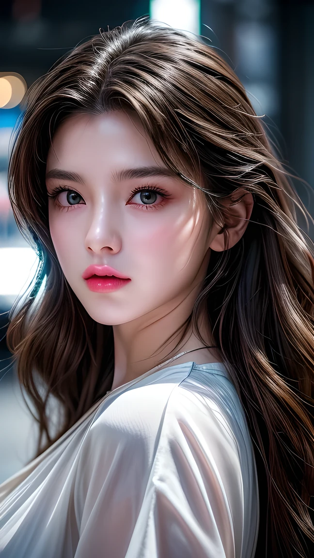 picture of a 25-year-old European woman posing, born, beautiful woman, (extra long wavy brown hair), ((portrait)), ((Familiar face:1.2)), ((Familiar facial features)), (finely Familiar skin), White Skin, ( White Skirt ), cyberpunk urban environment, (Cool colors), Wet, Wet, reflection masterpiece ) (perfect proportions)( real photo )( of the highest quality) (Familiar) , high res, ( 8,000) (wallpaper) (movie lighting) ( Dramatic Lighting ) ( sharp focus) (complex)、(((close up)))