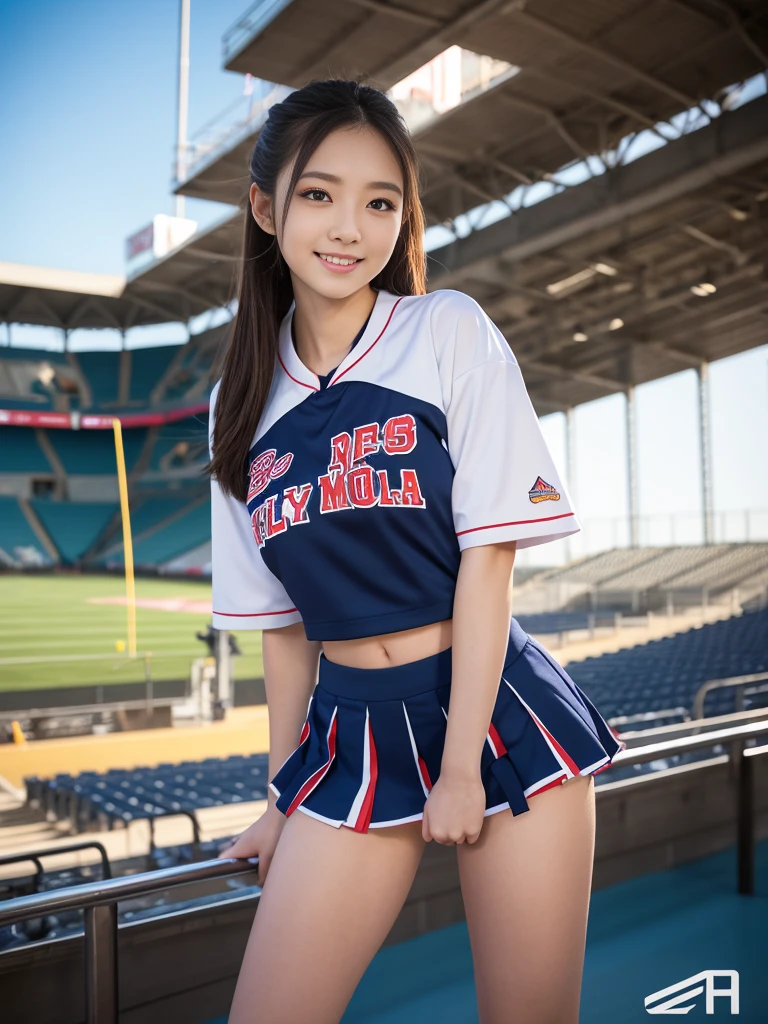 top quality、highest resolution、very detailed、masterpiece、raw photo:2、realistic:2、realistic:2、very delicate and beautiful、in detail、full shot、1 woman、Japanese、22 years old、(Professional baseball team cheerleading)、(stadium cheering seats)、(beautiful face:1.5)、Cheering Uniform、(mini skirt:1.5)、tall、brown hair、putting on makeup、textured skin、(bare legs:1.5)、perfect proportions,엘에이 다져스 Cheering Uniform