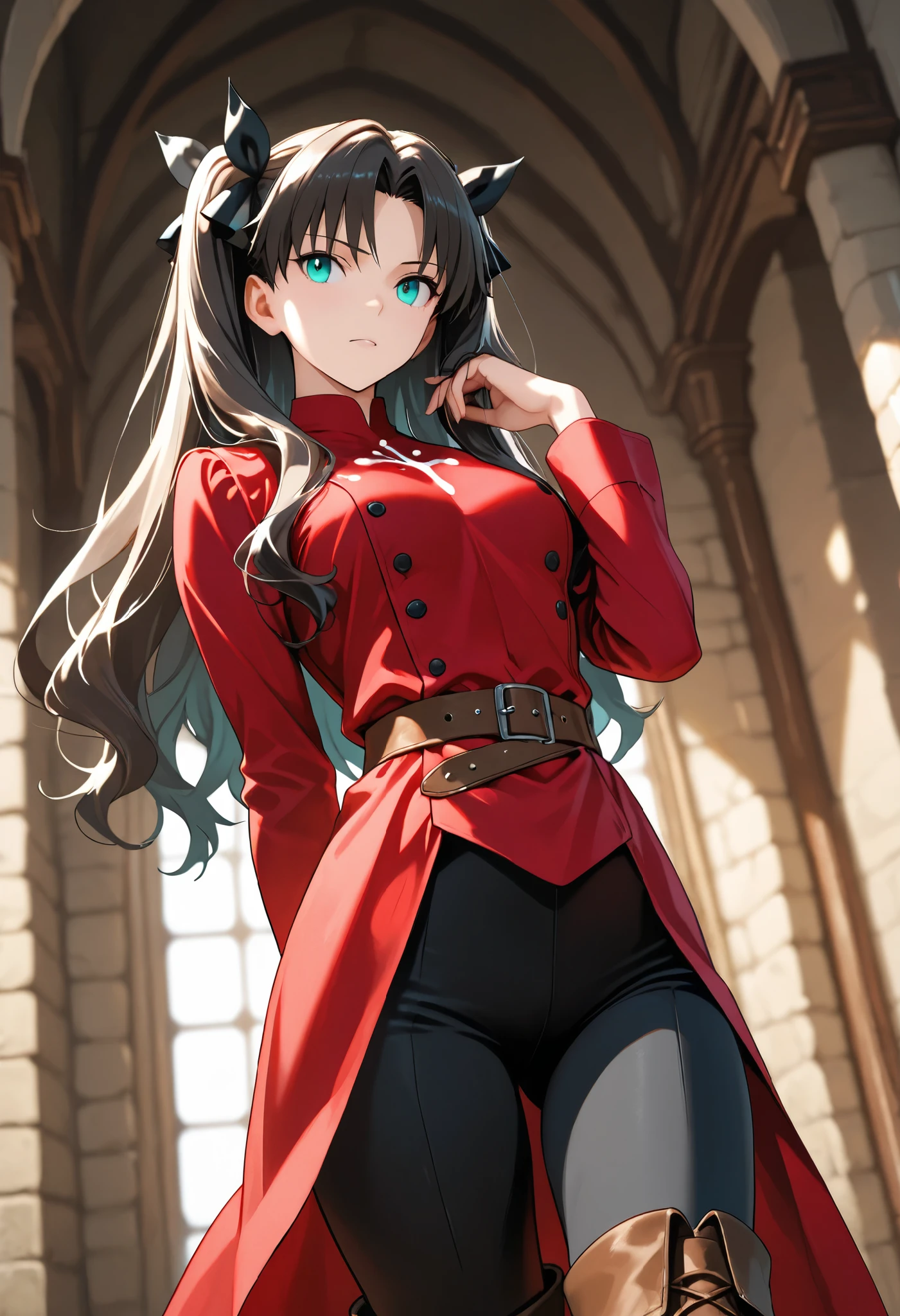 rin tohsaka, aqua eyes, long hair, black hair, hair ribbon, long hair, ribbon, sidelocks, two side up, parted bangs, in a castle, solo, RPG style, red tunic, medieval tunic, brown belt, black pants, black thigh pants, brown boots, brown thigh boots, outfit with gold trim, elegant, dominant, dutch angle, cowboy shot, perfect eyes, perfect body