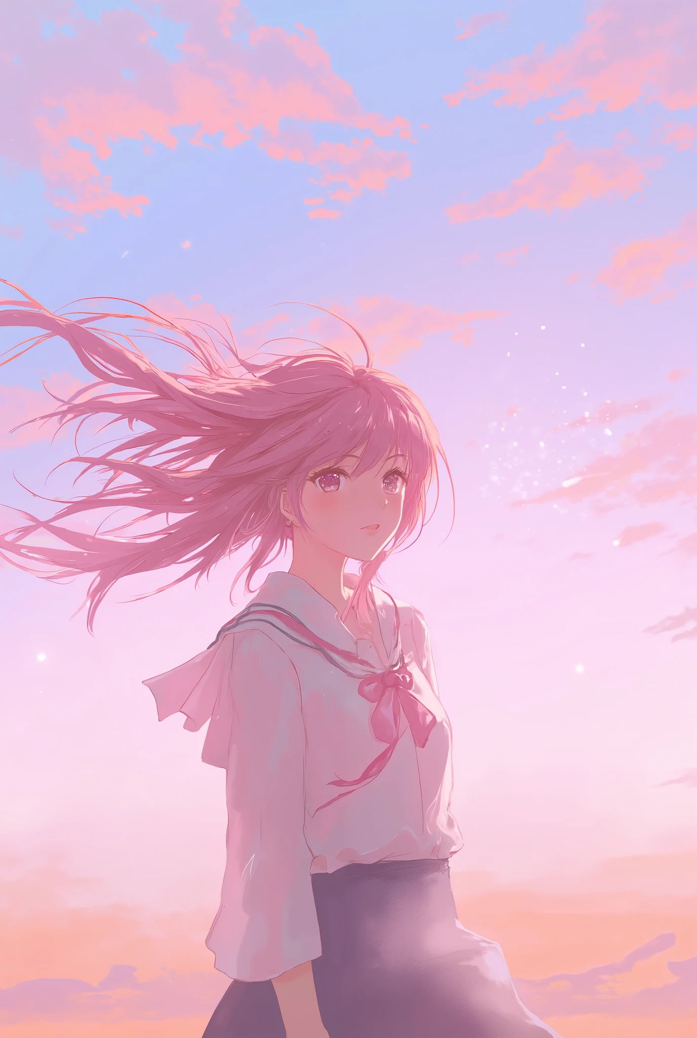 "A breathtaking anime-style illustration of a young girl with flowing pink hair standing against a serene sunset sky. The warm glow of the setting sun illuminates her face and hair, creating a soft and dreamy atmosphere. She wears a classic Japanese school uniform, with her white blouse gently fluttering in the breeze. Her expression is calm and thoughtful, as if lost in deep contemplation while gazing into the distance. The background features a pastel sky with hints of pink and blue, scattered clouds glowing in the fading sunlight. Tiny sparkles float in the air, enhancing the ethereal feel of the scene."