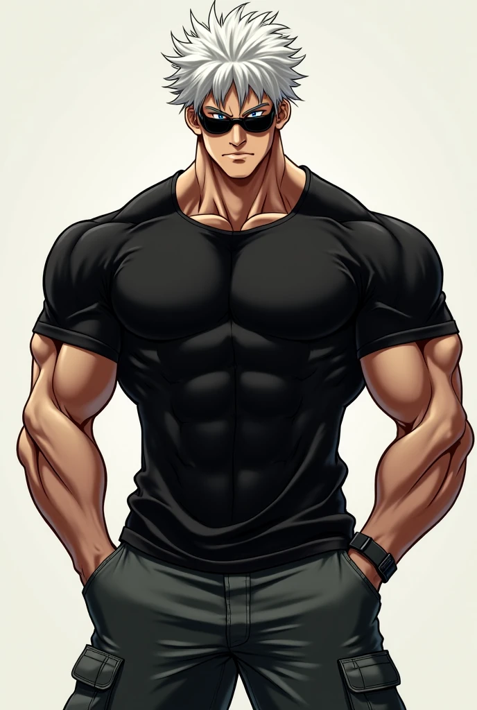 1 , male focus, Head against the wall, head thrown back, Sidepec, muscular male, muscular, just, defined abs, trunk, standing alone, crossed arms, Grinning, really short hair, Buzz Cut, stubbles, Light brown bun hair, clear blue eyes, parted lips, black turtleneck outfit, black cargo pants, white background, simple background, best qualityer, incredible quality, better aesthetics, absurderes, again 2023, manhwa style