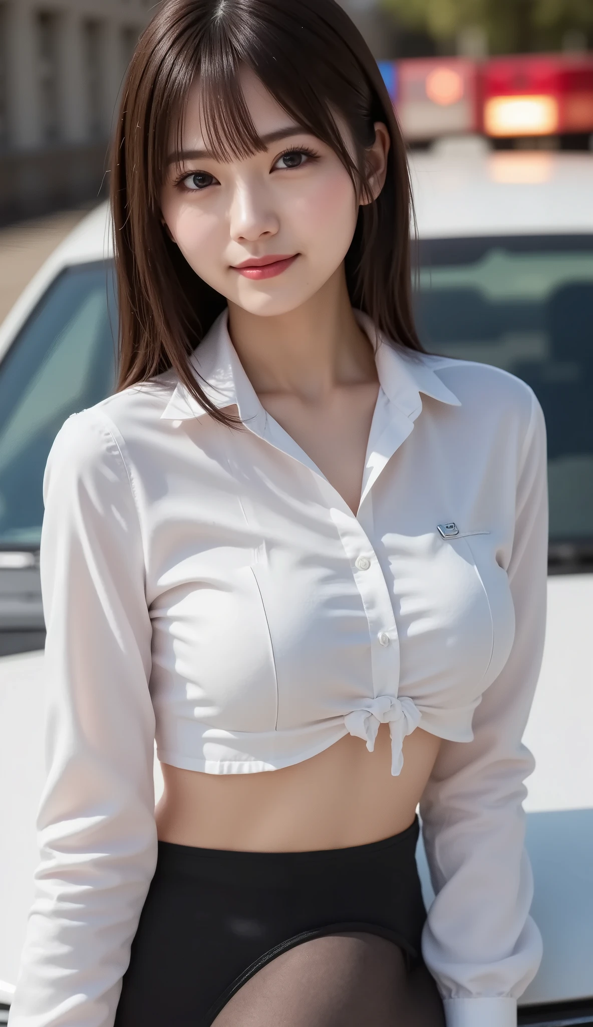 (A state where the face is accurately positioned in the center of the image: 1.5), (upper breast: 1.5), (is fully reflected: 1.5), (Face clearly visible: 1.2)、(long sleeve police uniform : 1.5), (police car background : 1.5), long hair、bangs, smile, young and cute japanese face , official art, high image quality CG Unity 8k wallpaper,Ultra high image quality , very well detailed, high image quality , film grain , lens flare glow , Highest quality ,8k, as a portrait shot ,8k, viewer , (( masterpiece)), (( Highest quality )), ( very well detailed), ((  it's cute )), ((  sexy)), (( very well detailedな)), ( Detail Wear Features ), ( beautiful), illustration of a woman with a penis , beautiful Japanese woman, ((  ladies 1 )), (Tight Chest  : 1.3)