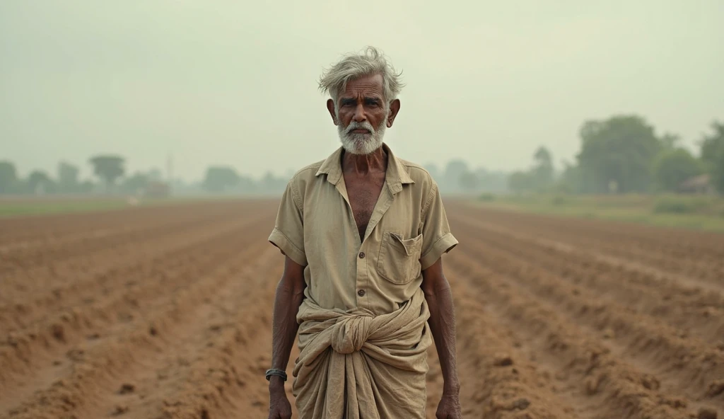 Landscape photo of Bangladeshi farmer in crisis after flood situation, sad, big crop field ruined