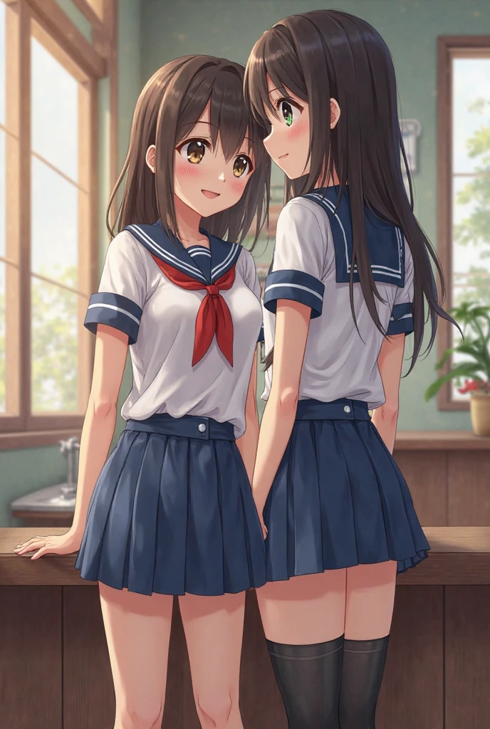 Two high school girls sitting and kissing in front of a fountain in a park、seductive smile、