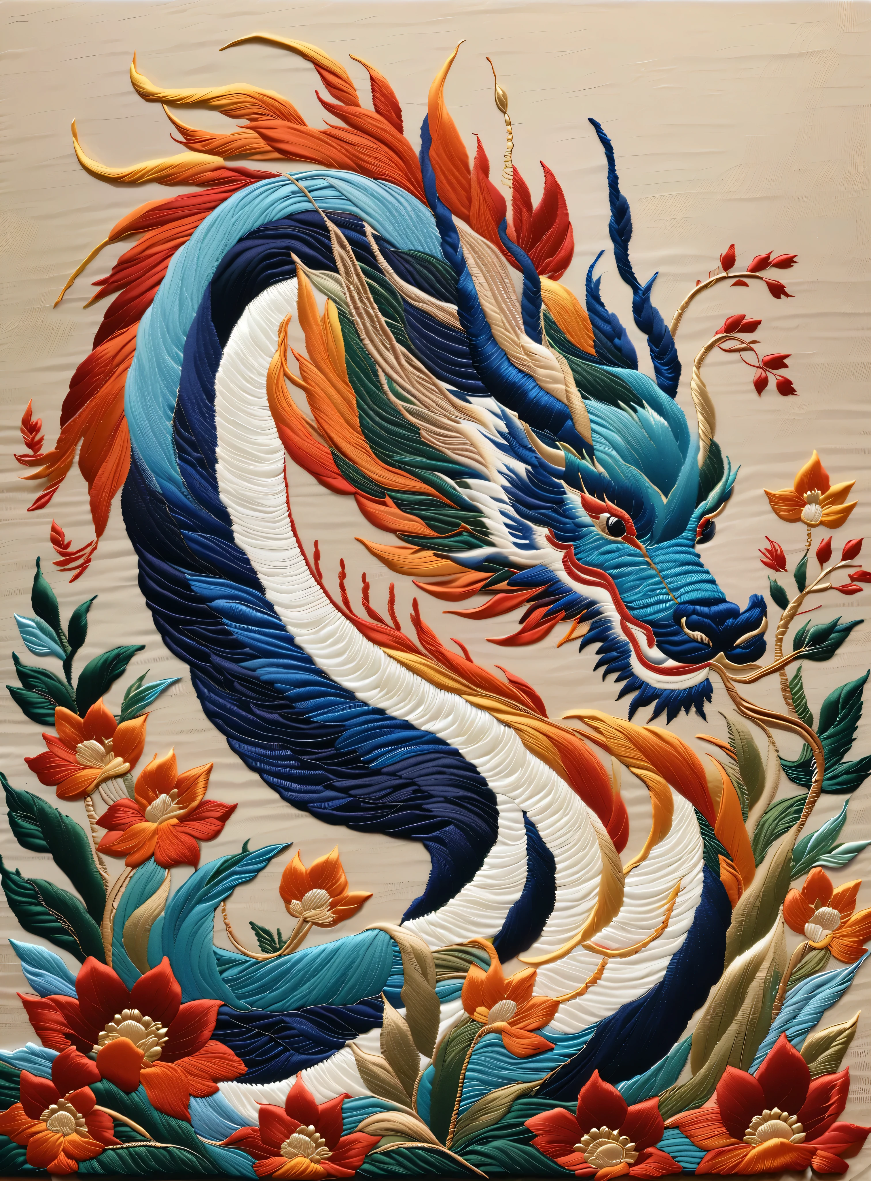 (Embroidery work), graceful blue dragon, background and: plants, spray, traditional Chinese color, low saturation, level composition, leave space, silver silk thread, shiny silk thread, silk thread texture, delicate needlework, bright and shiny Suzhou embroidery, new Gong brush, Chen Jialin, texture matte, dazzling light and shadow, Song Huizong,