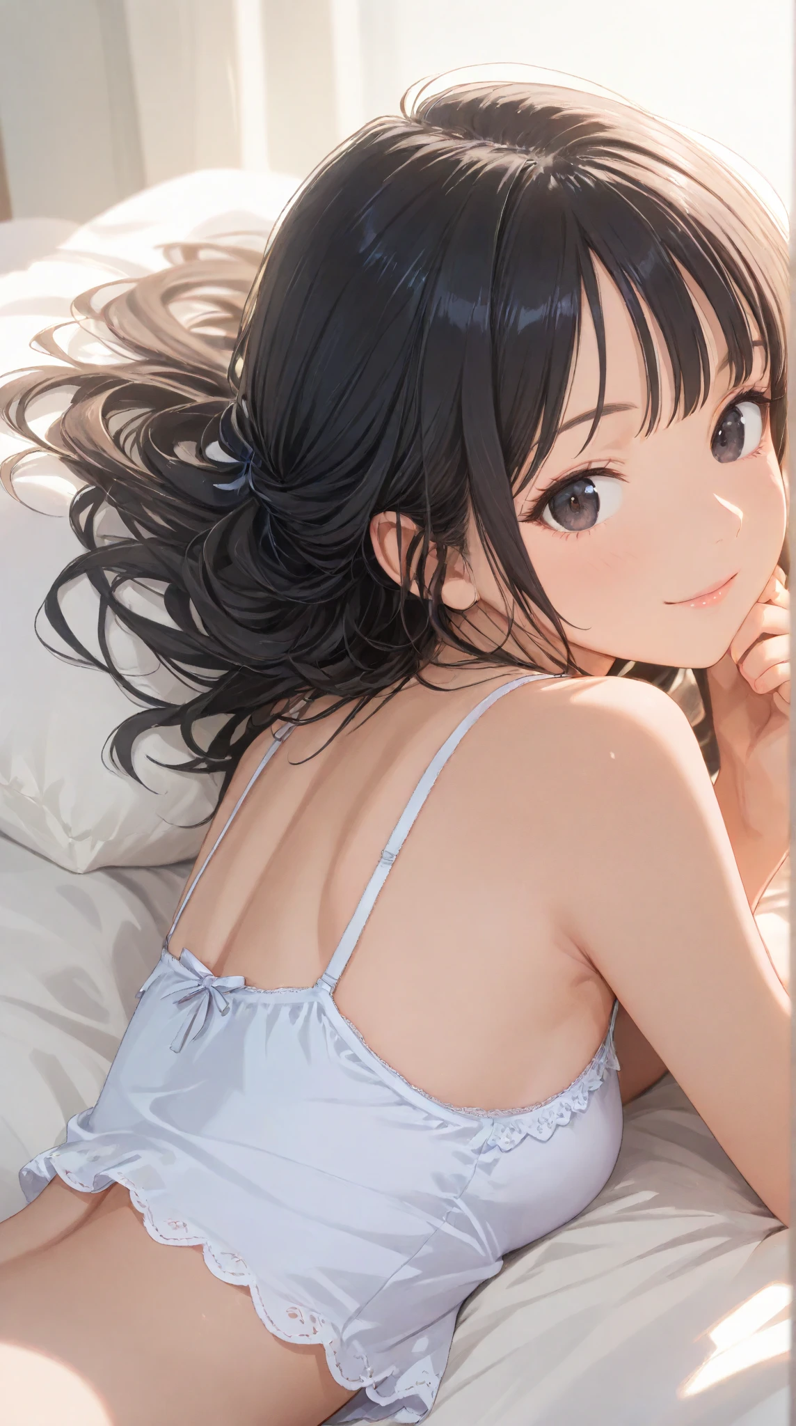 Girl,cute,cute,From above,Chest to head,Look up here,smile,Straight Hair,Long Hair,Black Hair,sitting,morning,sunny,big breast photos,Leaning forward,looking at the camera,Bedroom,Sun light,Tank top