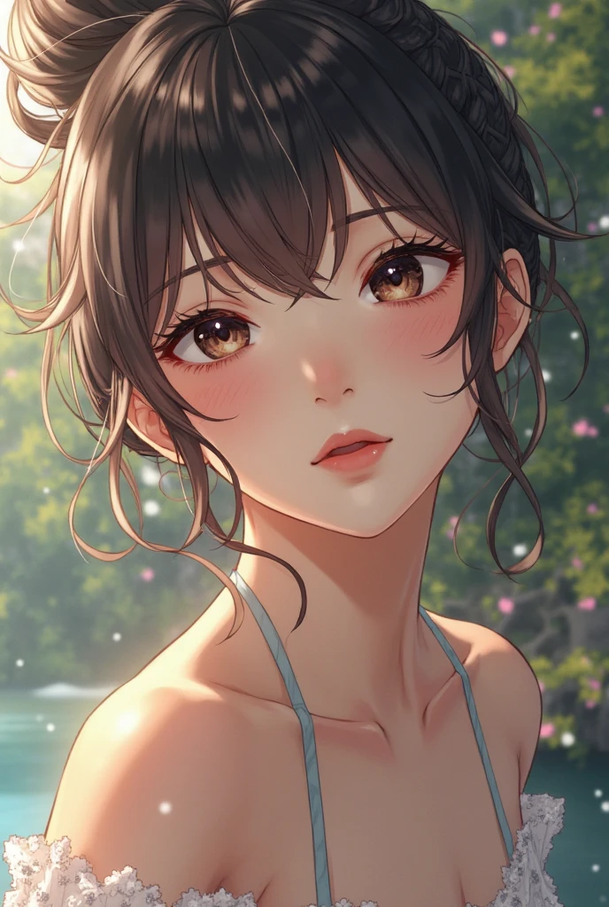 masterpiece, High resolution, perfect face, beauty of japan, 30 years old, beautiful face, hot spring, embarrassed look, (top quality eyes), (detailed texture), look at me, Married woman, cool women, (high resolution eyes), black hair, nude
