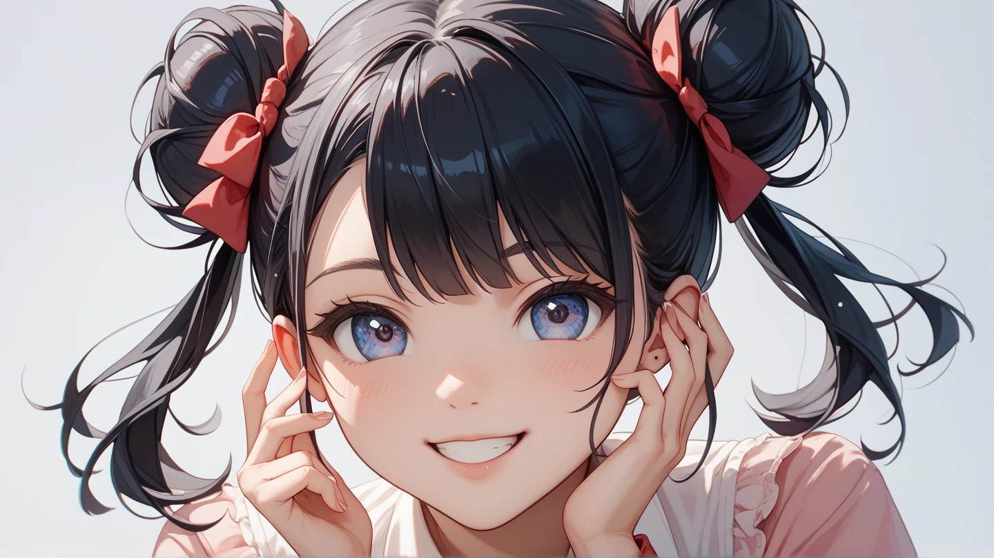 Japanese,Innocent face,Teenage Girl,cute,marble cute micro bikini,Close-up photo from the waist up,double bun,blunt bangs,short hair,Hair Clip,(blush)