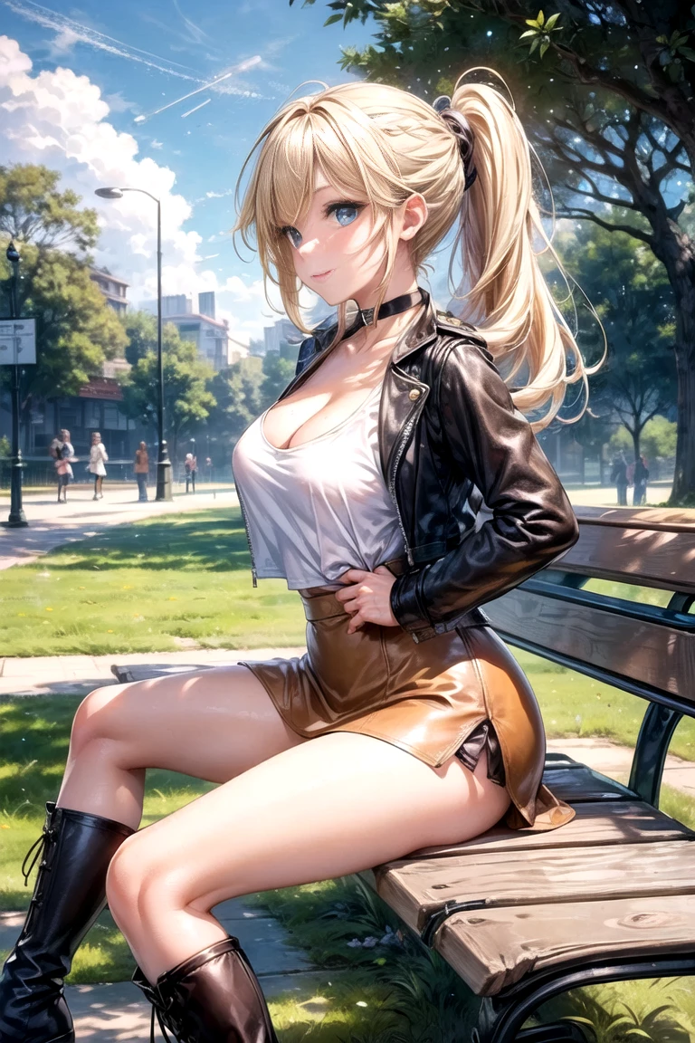 Create an image of a Western-style anime girl sitting on a park bench, blending Western fashion with anime aesthetics. Capture a sense of tranquility in a lush park setting, with charming details like a whimsical squirrel or colorful butterfly. Let the fusion of Western and anime elements transport viewers into a whimsical world of imagination, ray trace, (brightening light:1.2), (Increase quality:1.4), (best quality real texture skin:1.4), finely detailed eyes, finely detailed face, finely quality eyes, (tired and sleepy and satisfied:0.0), beautiful clothes, (Increase body line mood:1.1), (Increase skin texture beauty:1.1) (full-body) --auto