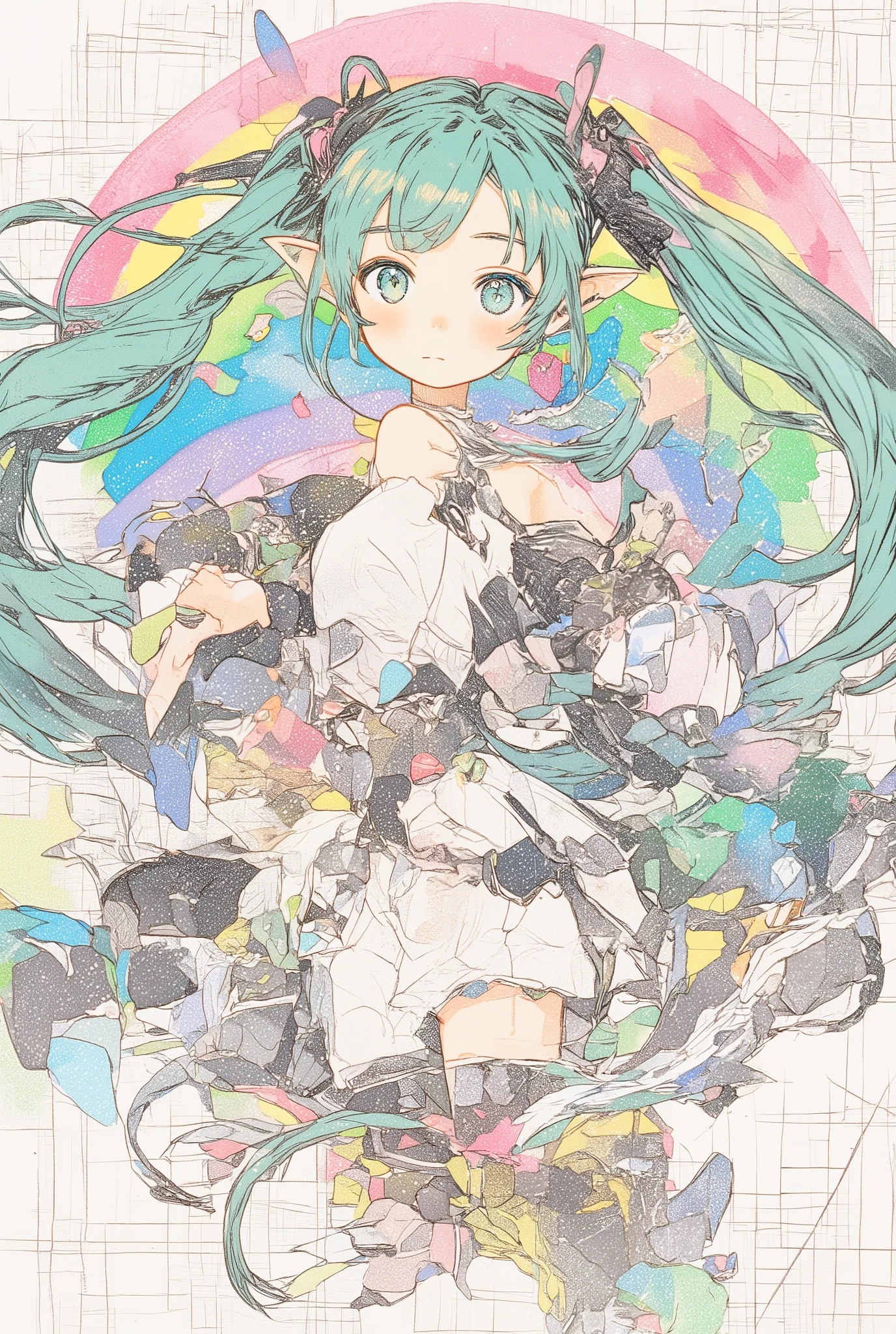 ( masterpiece、 Highest quality、 Highest quality、official art、 beautiful and beautiful :1.2)、(one girl:1.3) Hatsune Miku、twin tails from above, beautiful breasts, multiple views, pencil happentch, (happentch:1.25), (***********,small breasts,), ((The shoes of)), shy, best quality, Graphite \\(medium\\), happen, gradation , rainbow, Note, Line Draft, Hi-Res, Absard Dress, (超Hi-Res:1.1), ( illustration of a woman with a penis :1.1), ( Infographic:1.2), pajamas, (Coherent Background :1.15), (Alone), perfectly drawn hands , standing, cohesive background , paper, action, (detailed manga illustration:1.1),
Guzzling , black bodysuit, black leotard, highly revealing clothing,
Full, twin tails from above, 1 girl, pointed ears, round face, white hair, green eye, Elf, long hair, earrings,