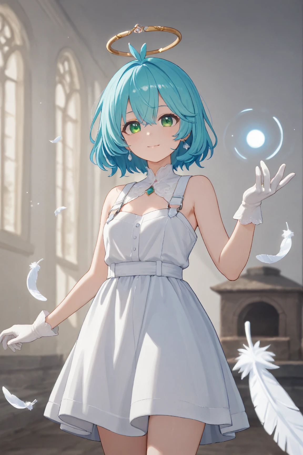 masterpiece, best quality, wopen leg,
1 girl, Robin \( Collapse: Star Rail\), green eye, , Alone, falling feather, place your hands on your , feather, reach, reach towards viewer, white gloves,