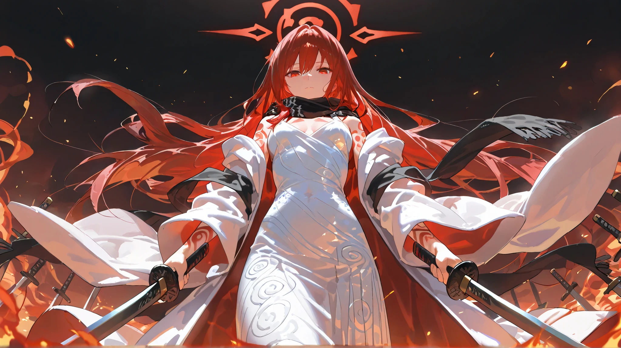 (Absard Dress, Hi-Res, Ultra High Definition), masterpiece, best quality, Alone, a boy with white and red long hair holding a two sword style, red and white robe, handsome, Finely grained, detailed eyes, bright red eyes, detailed face, black scarf , bare chest, carrying two swords, two sword style, Sword surrounded by flames, tattoo, from below, looking down , ruined city, dark background, Swirl,