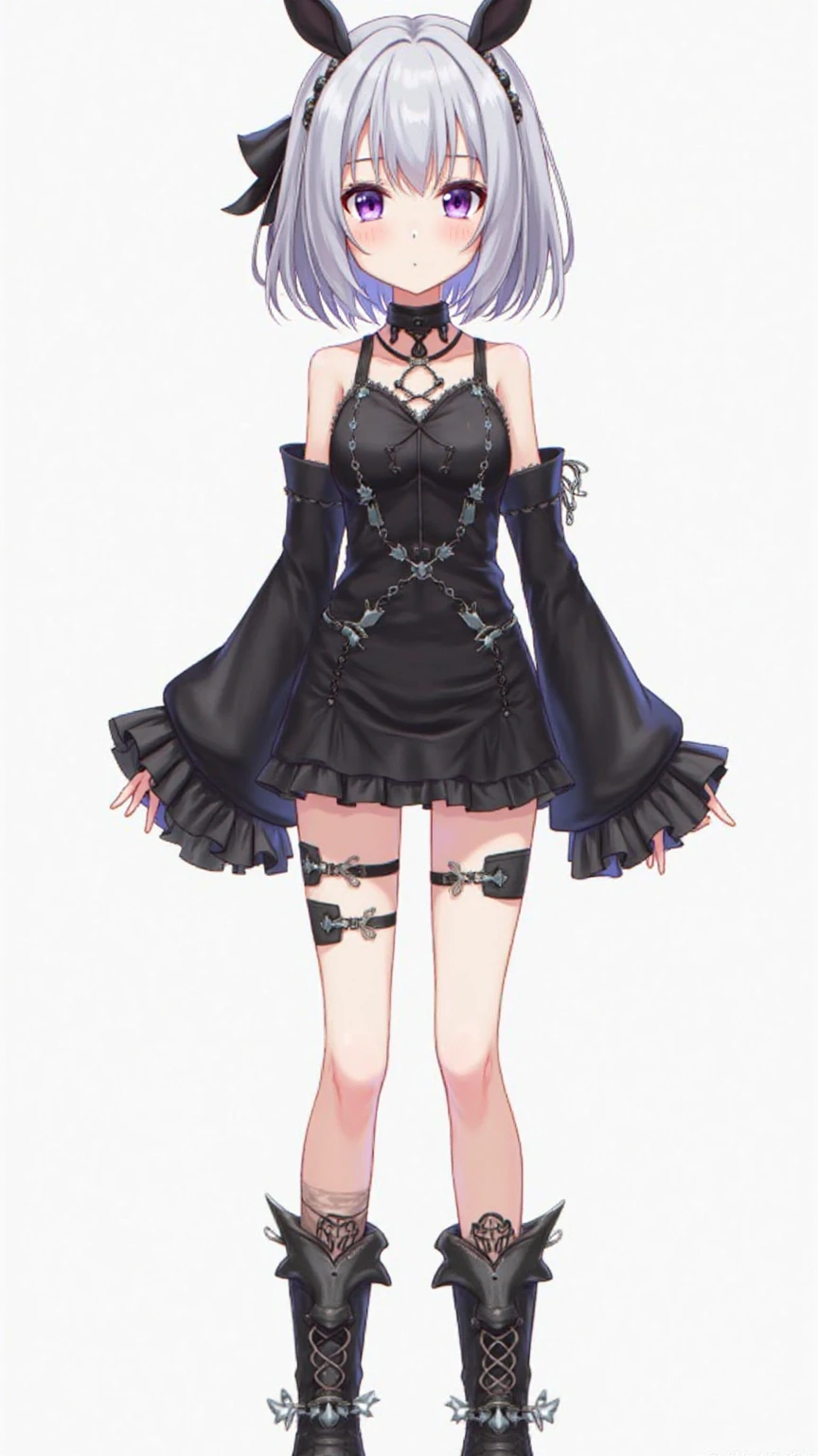 leg loops，leg holsters，mitts，very intricate，Exquisite，Complex hairstyles，Purple clothes，Bow knot，Cross straps，bandagens，Y2K，E-girls，Emotional，non-mainstream，Gray hair，Love decoration，subculture，Sick，laughingly，Avant-garde and innovative clothing design，Black fishnet socks，waist chains，rivet，Platform shoes，boot，Long boot leg covers，thongs