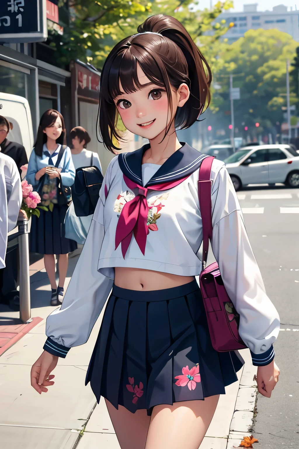 Anime girl in a short skirt and a white shirt walking down the street ...