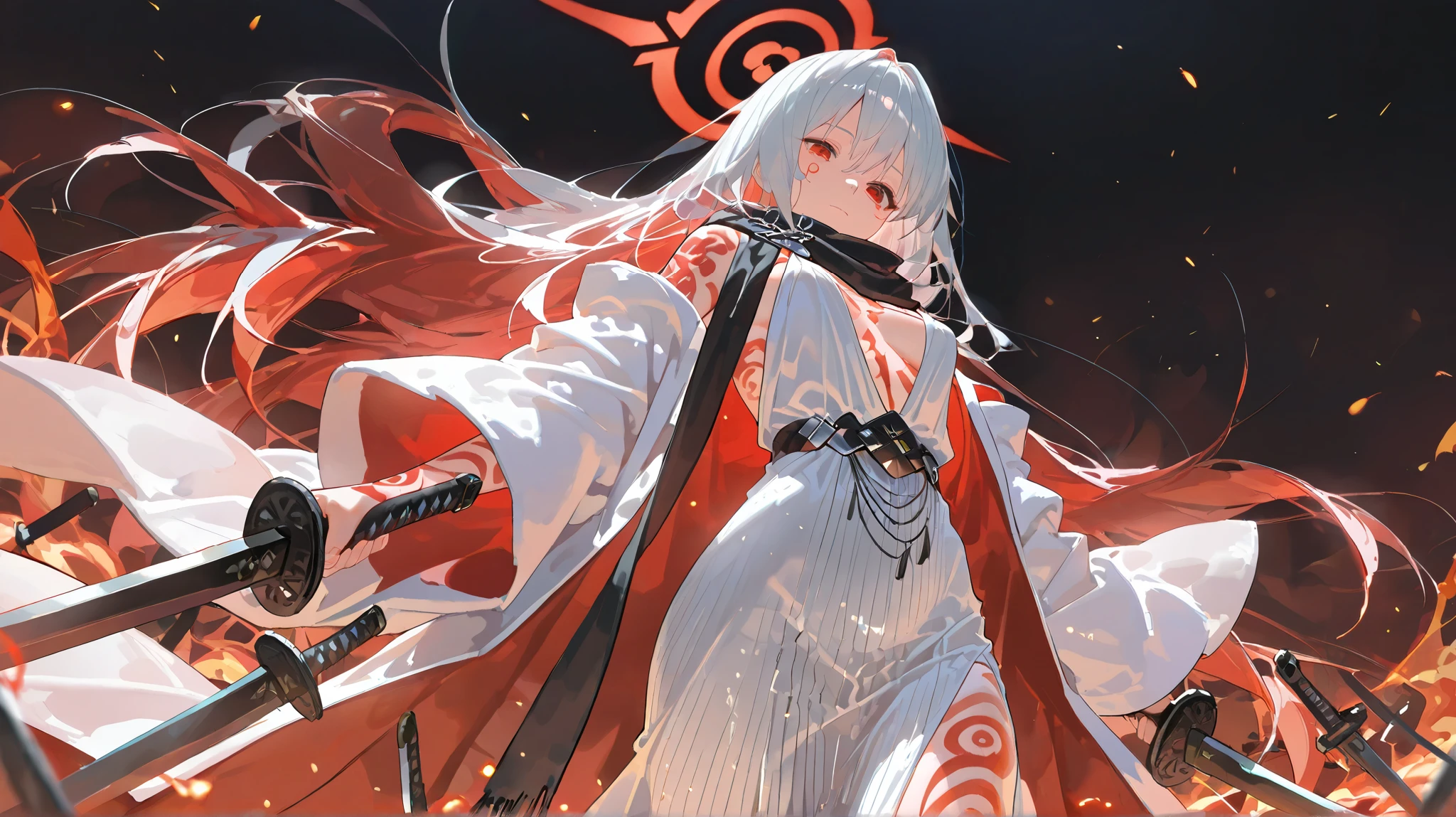 (Absard Dress, Hi-Res, Ultra High Definition), masterpiece, best quality, Alone, a boy with white and red long hair holding a two sword style, red and white robe, handsome, Finely grained, detailed eyes, bright red eyes, detailed face, black scarf , bare chest, carrying two swords, two sword style, Sword surrounded by flames, tattoo, from below, looking down , ruined city, dark background, Swirl,