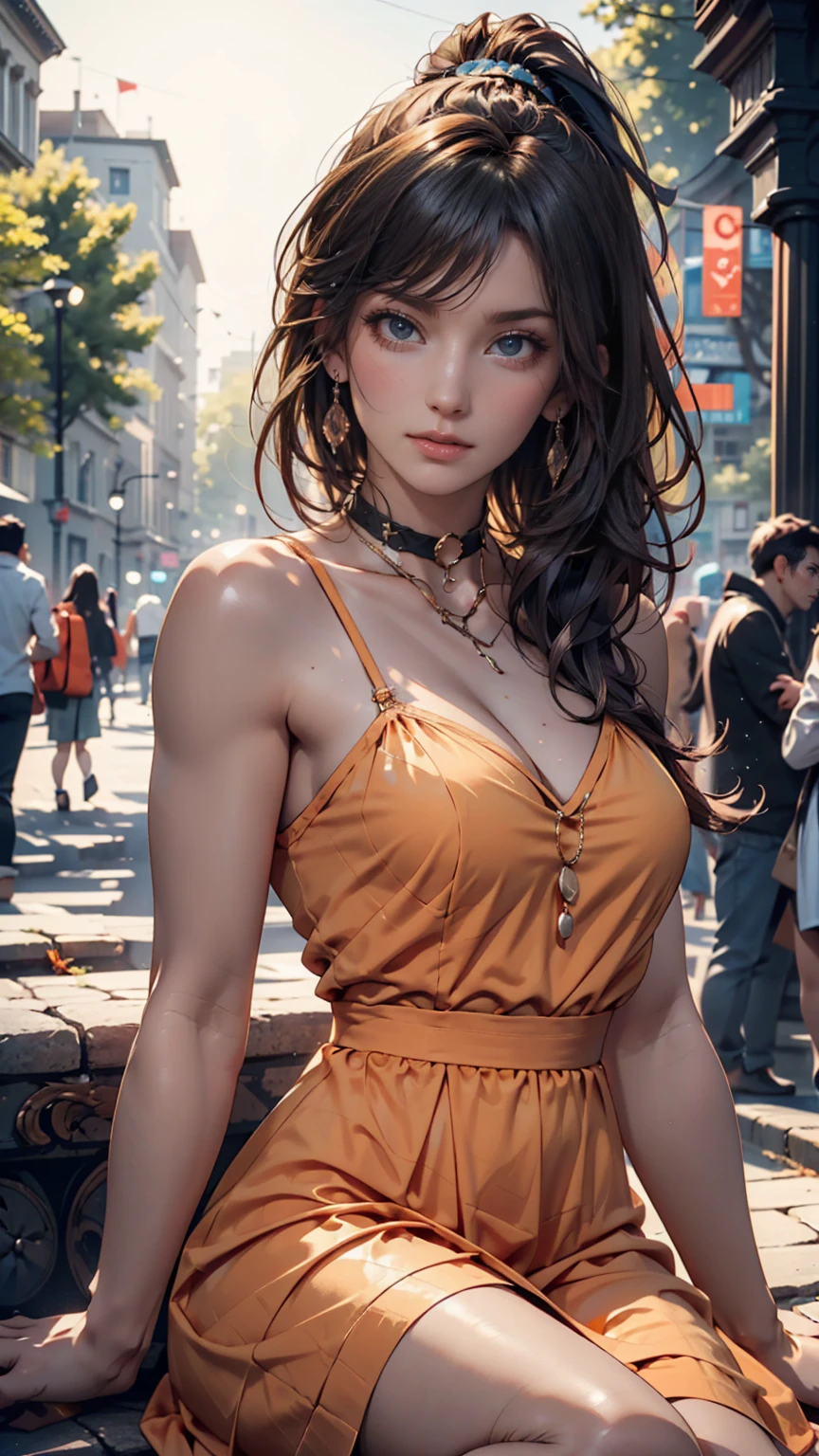 masterpiece, Highest quality, alone, One girl, Orange Hair, Blue Hair, :is, Orange Dress, View your viewers, Outdoor, sand, sand dunes, Huge castle, Crown, Are standing, whole body, Cowboy Shot, Hands on hips, 、24-year-old woman、Sexy proportionature female body、Sexy proportionakeup、Textured skin((textured skin))、smile、Narrow waist、Inner Color((colored inner hair))、Shortcuts((short hair))、Background blur((depth of field))、Aerial perspective((atmospheric perspective))