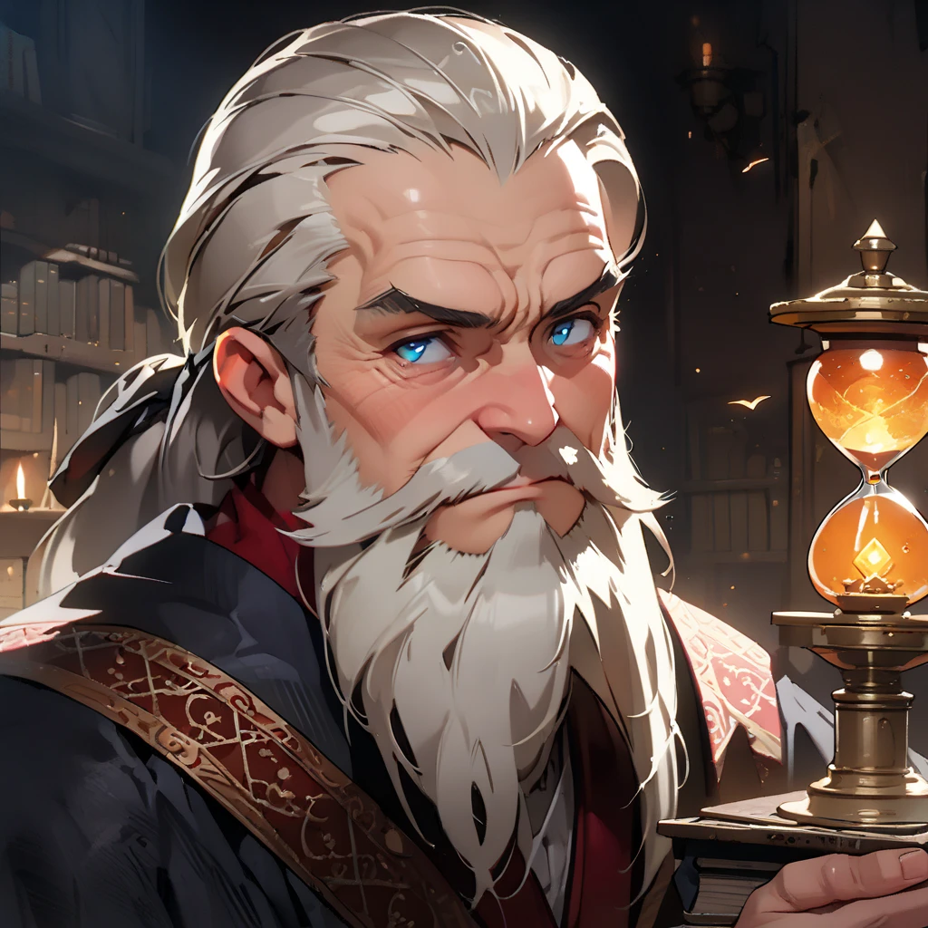 Robot-like gray-haired male alchemist, The calm underneath is full of aggression。, Wearing medieval alchemist robes, With a monocle, The eye color is one green and one green, grey hair, asymmetrical hair, coke-bottle glasses, hood up, head wreath, mismatched pupils, covering ears, thinking, pensive, lonely, determined, disdain, high detail, anime, chiaroscuro, cinematic lighting, character chart, reference sheet, UHD, masterpiece, ccurate, textured skin, high details, best quality, highres