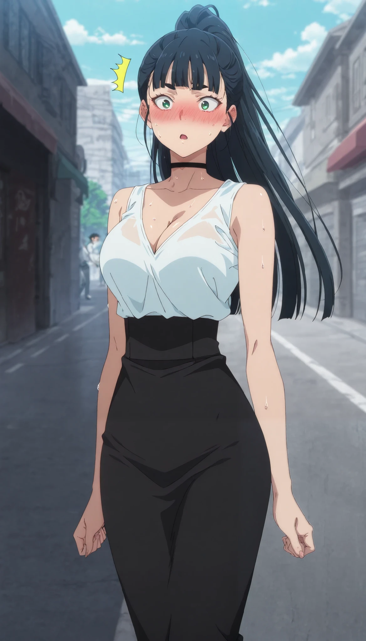 Masterpiece, best quality, source_anime, anime screencap, anime coloring, anime screencap, 1girl, long hair, black hair, blue eyes, green eyes, blunt bangs, (thick eyebrows:0.8), high ponytail,black choker, white shirt, cleavage, sleeveless, black skirt, high-waist skirt, pencil skirt, long skirt, outdoors, streets, blue skies, sweaty, surprised, nose blush