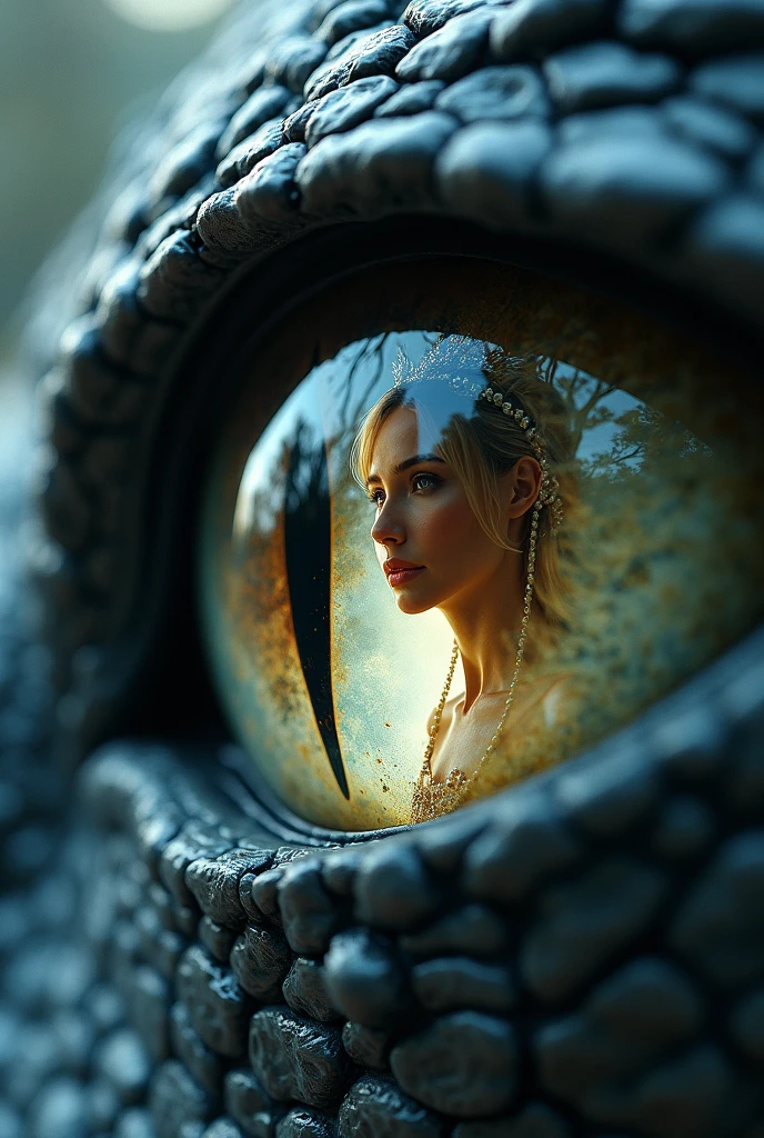 Realistic, live-action photo 8K quality, work of art, a scene from a movie, the theme is "Dragon's Eye", the pupil of a dragon's eye is shaped like a long vertical snake's eye, close-up on the image reflected on the surface of the dragon's eye, a beautiful princess is reflected there and gently talking to the dragon, a beautiful scene.