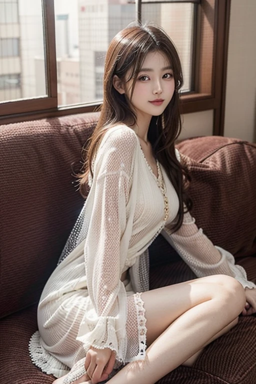 sitting on a chair in a cafe、Chiffon Brown、(Highest quality)、((Very detailed))、4K、(8K)、masterpiece、Very detailedな、Highest quality、Super Resolution、1 person、Kind Face、Soft Light、RAW quality、Soft Skin、163cm、30 years old、knees