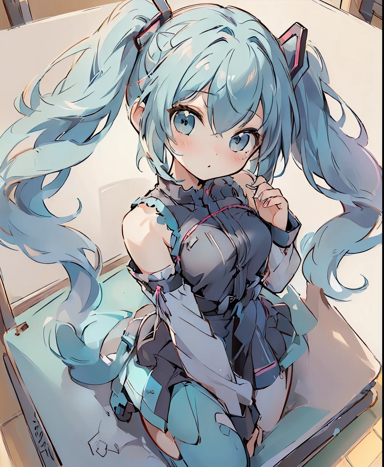 ( masterpiece、 Highest quality、 Highest quality、公式art、 beautiful and beautiful :1.2)、(one girl:1.3) Hatsune Miku、twin tails from above, beautiful breasts, woman,short camisole,white,art,advertisement, Colored pencil drawing ,draft , illustration of a woman with a penis , comic collage