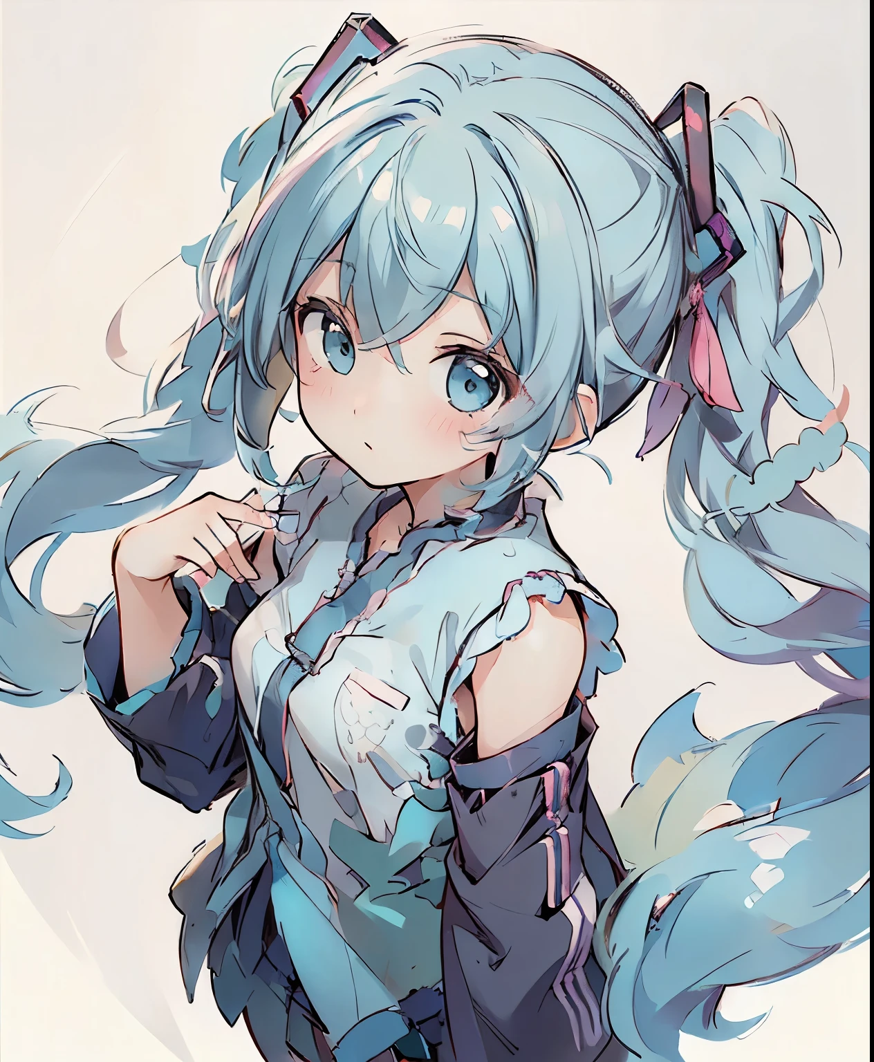 ( masterpiece、 Highest quality、 Highest quality、公式art、 beautiful and beautiful :1.2)、(one girl:1.3) Hatsune Miku、twin tails from above, beautiful breasts, woman,short camisole,white,art,advertisement, Colored pencil drawing ,draft , illustration of a woman with a penis , comic collage
