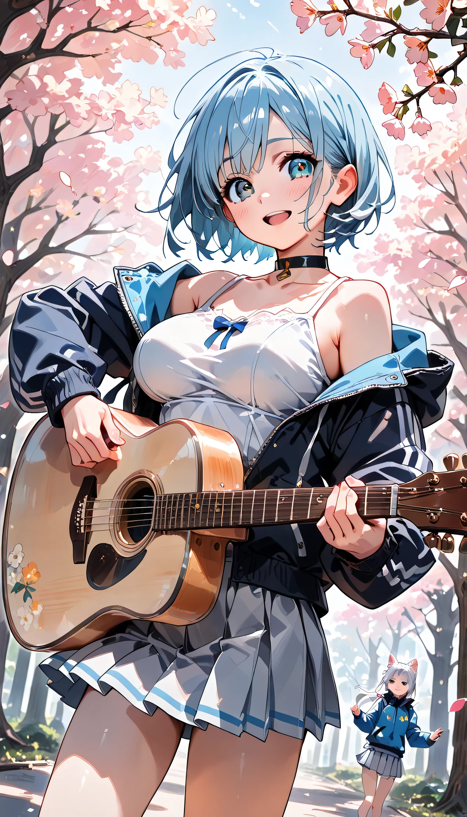 ((ultra-detailed)), (highly detailed CG illustration), (best quality:1.2), ultra-highly detailed, colorful composition, artistic photoshoot, 1girl, solo focus, ((thigh to top:1.4)), ((cowboy shot:1.4)), moe anime character, girl, dainty facial structure, (bab(round face), ((rounded chin:1.2)), ((ideal ratio body proportions)), celia-default, celia claire, (blue eyes), sparkle eyes, ((blue hair color:1.4)), ((bob hair)), ((wearring a Japanese fox mask on forehead:1.4)), ((open mouth)), ((smile)), ((singing)), ((playing an acoustic guitar)), ample breasts, ((black choker with a jewelry in the center:1.4)), ((white sleeveless camisole)), ((impossible clothes)), ((navel exposed)), ((blue glossy parka with ferring:1.4)), ((shoulder exposed)), ((light gray pleated skirt)), cherry blossom petals dancing, standing by under the cherry blossom tree in full bloom, beautiful detailed sky, dynamic pose, contrapposto pose, from front, best quality, masterpiece, expecting, pink cheek, blush, light pink gloss slip, portrait, depth of field, soft lighting, sidelighting, (shine), lighting, caustics, ray tracing, smile, perfect face, lustrous skin, highly detailed face, highly detailed eyes, perfect face, perfect nose, perfect hair, perfect eyes, perfect anatomy, beautiful hair, beautiful small face, extremely detailed face, beautiful detailed eyes, beautiful clavicle, beautiful body, beautiful huge breasts, leavage, breasts squeezed together, equalize the size of the left and right breasts, beautiful thin thighs, beautiful legs, beautiful fingers, ((4 fingers)), 1 thumb, lovely, (very detailed background:1.0), (highly detailed background:1.0), spring aesthetic, intricate details, joyful atmosphere, spring colors palette, chromatic aberration