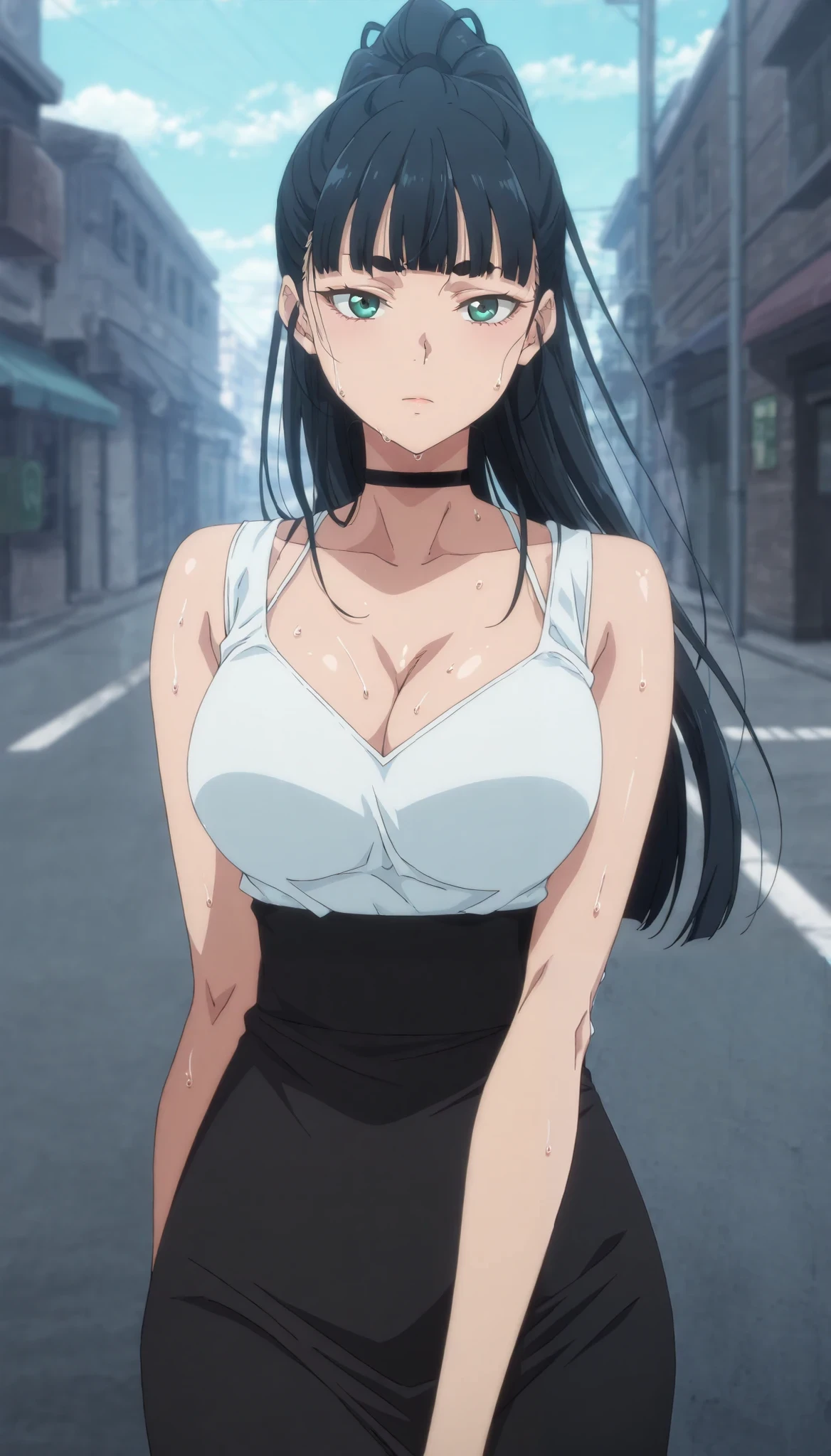 Masterpiece, best quality, source_anime, anime screencap, anime coloring, anime screencap, 1girl, long hair, black hair, blue eyes, green eyes, blunt bangs, (thick eyebrows:0.8), high ponytail,black choker, white shirt, cleavage, sleeveless, black skirt, high-waist skirt, pencil skirt, long skirt, outdoors, streets, blue skies, sweaty, looking at viewer,