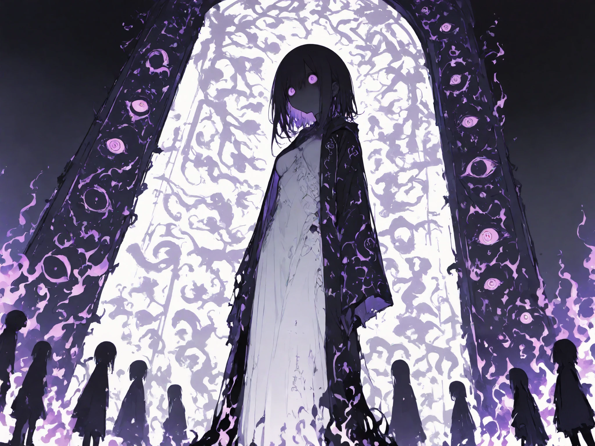 General,Komeshiro Kasu style, r17329_illu, 15546+456868,usnr,hzk,(masterpiece, best quality, illustration, soft colors, ultra-detailed), A close-up of a sorrowful, purple-eyed demon standing at the center of a dark, fog-covered altar. They are dressed in torn, ceremonial robes, surrounded by symbols of an ancient religion, under breasts extreme close-up,low angle, The night sky is shrouded in thick mist, illuminated only by the faint glow of purple flames. The figure’s expression reflects the pain of betrayal and persecution, as the symbols around them signify a dark prophecy,