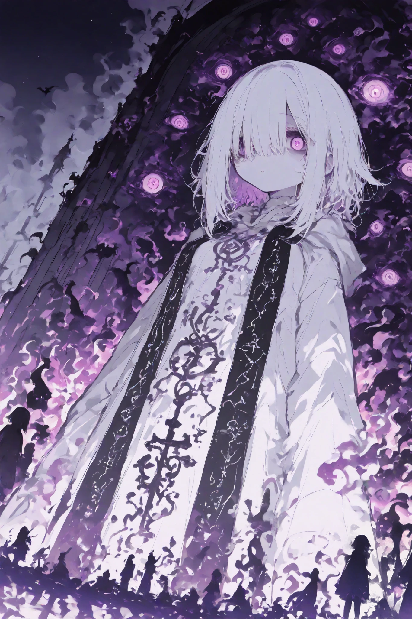 General,Komeshiro Kasu style, r17329_illu,usnr,hzk,(masterpiece, best quality, illustration, soft colors, ultra-detailed), A close-up of a sorrowful, purple-eyed demon standing at the center of a dark, fog-covered altar. They are dressed in torn, ceremonial robes, surrounded by symbols of an ancient religion.ground shot,look at viewer, The night sky is shrouded in thick mist, illuminated only by the faint glow of purple flames. The figure’s expression reflects the pain of betrayal and persecution, as the symbols around them signify a dark prophecy, under breasts extreme close-up,low angle,