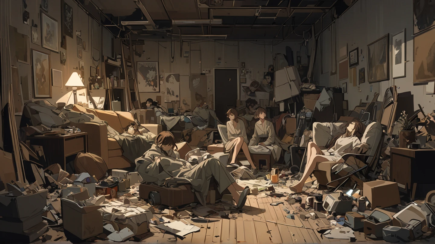 Three guys are sleeping in the floor on a mattress in the early morning of a summer day. They are shirtless or wearing short clothes due to the hot weather. The room is almost empty but has a stand fan. There are also few travelling bags and luggage.