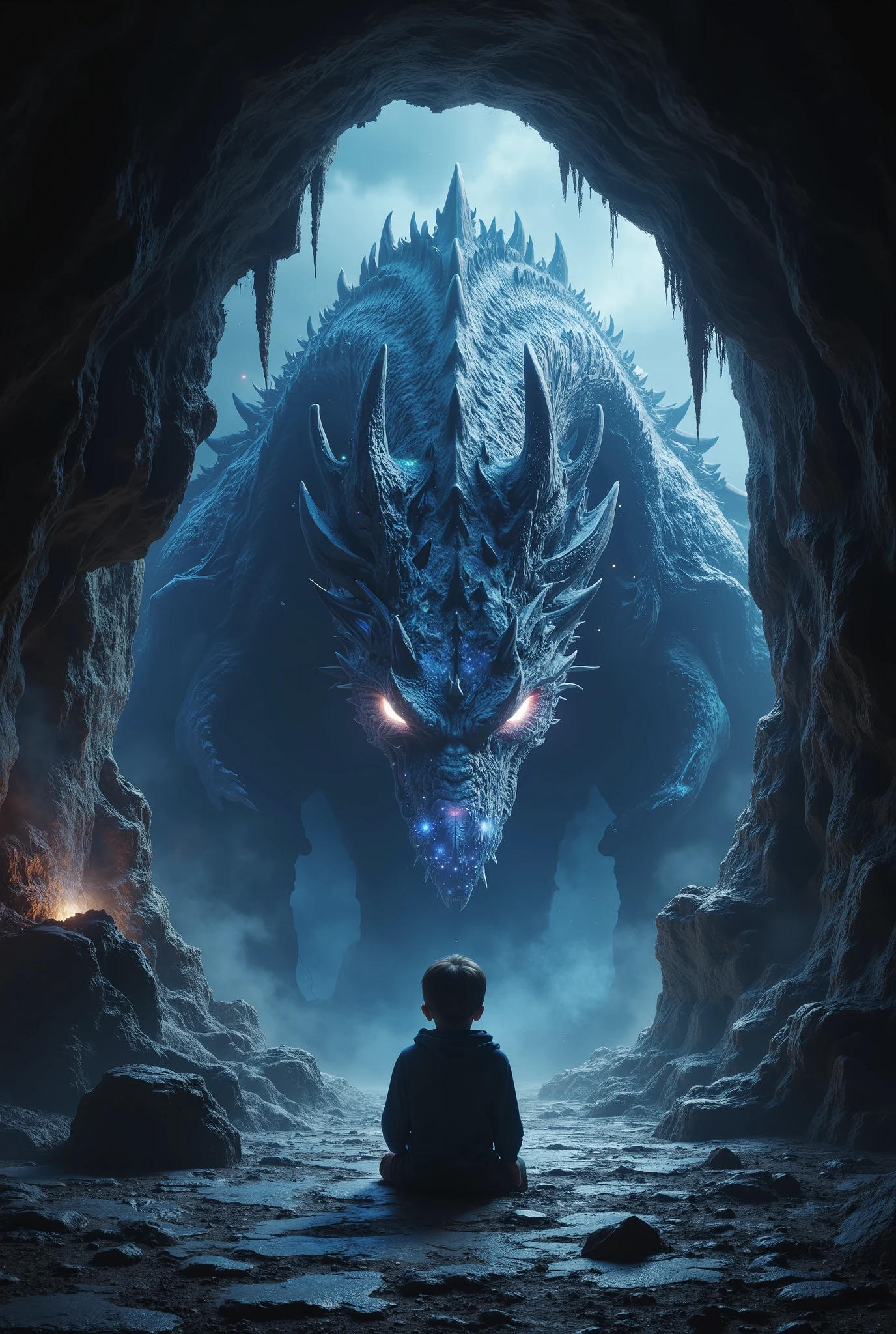 3D Rendering, Draw a picture of a boy in a cave，There is a huge starry sky dragon looking out at the entrance of a small cave far from the bottom of the cave looking for him, horror style