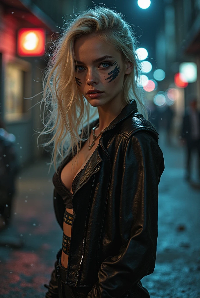 ((best quality)), ((masterpiece)), (detailed), 1girl, Caucasian (white blonde hair:1.3), skinny cute, age 22:1.3, (smudged eye makeup:1.4), big lips:1.3, ( short height skinny cute:1.4), (naked:1.4), seductive pose, realistic photo, ((4K)) , sweaty textured skin, (small breasts:1.4), (dirty:1.2), a seductive vampire standing on a moonlit cobblestone street corner, the the moonlight creates reflections off the cobblestone floor. in an old European city. The vampire is wearing a bikers leather jacket with nothing on underneath, while seductively holding the jacket open from each side with both hands to reveal her Cleaverge.
Her skin is unnaturally pale, contrasting with blood-red lips and elongated fangs barely visible as she seductively smirks at the viewer. She has beautiful green eyes with long flowing messy wet hair that has streaks of midnight blue.
The background transforms into a misty, gothic cityscape. Candle lamps cast a flickering, ominous light on crumbling stone buildings. Gargoyles leer from rooftops, and wrought-iron fences line the street. The motorcycle in the foreground becomes a sleek, black mechanical beast with glowing red accents.
Shadowy figures lurk in doorways, hinting at a hidden vampire society. A full moon hangs low in the sky, bathing the scene in an otherworldly silvery light.
The color palette shifts to deep purples, inky blacks, and rich crimsons, creating an atmosphere of supernatural allure and danger. Wisps of fog curl around the vampire's feet, adding to the mystical ambiance.
This reimagined composition maintains the sexy seductive pose of the subject but infuses the scene with elements of gothic horror and vampire lore, transforming a classic vintage urban setting into a timeless realm of dark fantasy.