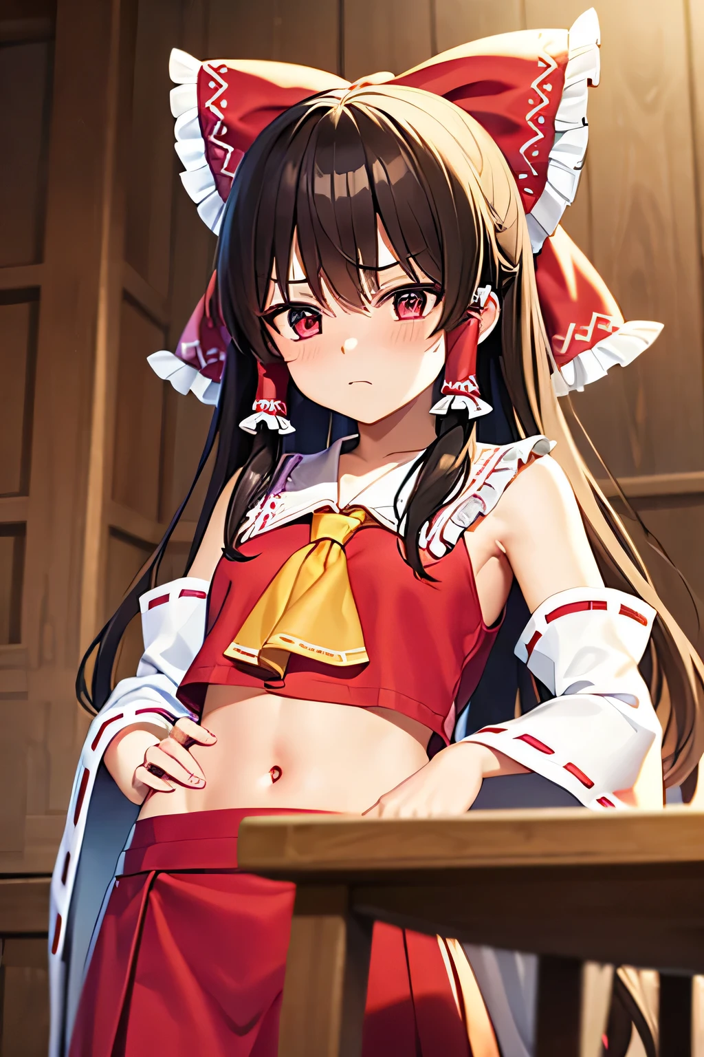 super fine illustration, vibrant colors, masterpiece, sharp focus, best quality, depth of field, cinematic lighting, ultra detailed, blush, annoyed, navel, midriff, belly button, ceiling, shrine maiden, hakurei reimu, 1girl, hair bow, ascot, hair tubes, miko, detached sleeves, looking down, red shirt, red skirt, long hair, dark brown hair, indoor, low waist