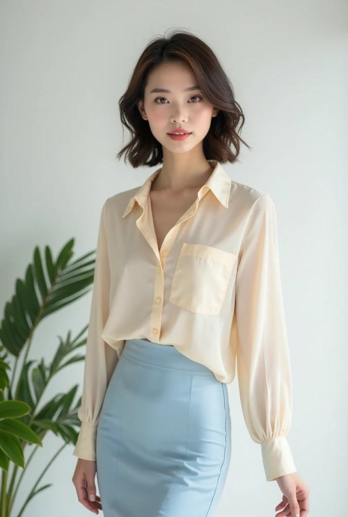 Feminine blouse+Beige Skirt、whole body、Long Hair、on the train